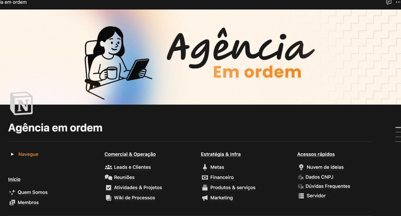 Painel inicial do Agência em Ordem™ no Notion, com navegação por Comercial, Estratégia e Acessos rápidos